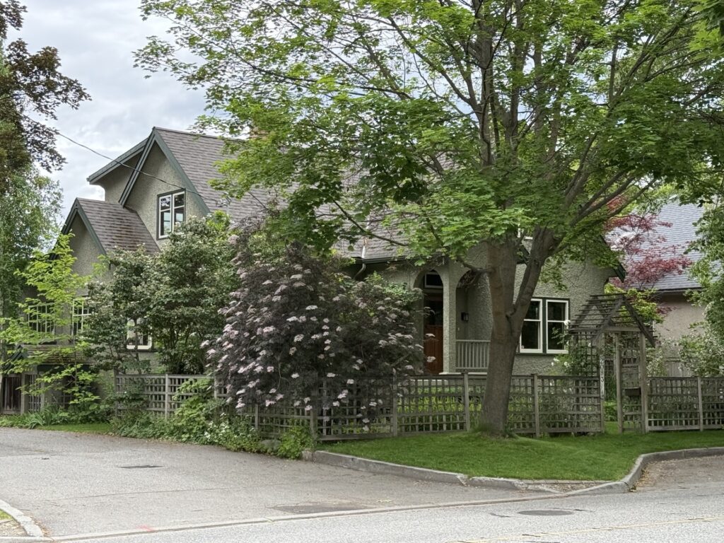 Abbott Street in Kelowna’s Abbott Street Heritage Conservation Area, surrounded by mature trees and established gardens.