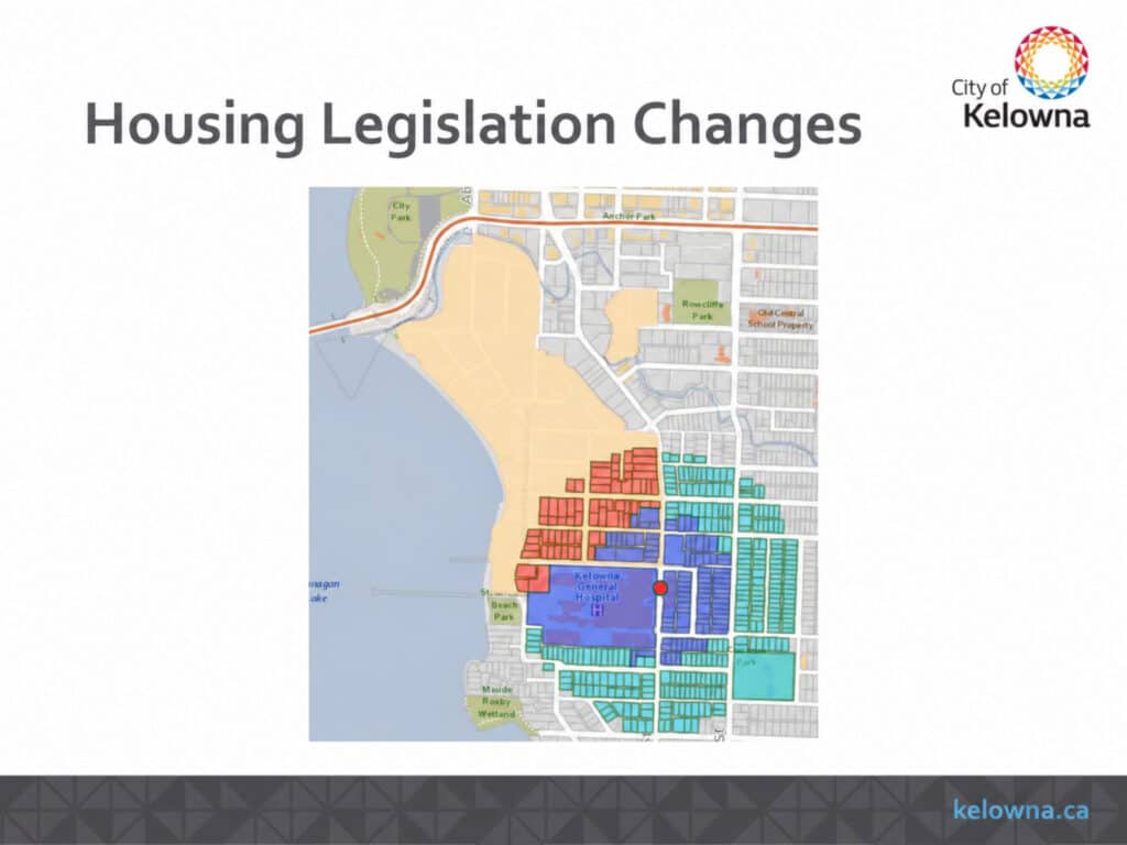 Map showing the overlap between Kelowna’s Abbott Street Heritage Conservation Area and the Kelowna General Hospital Transit-Oriented Area (TOA), with orange-highlighted properties at risk from increased development density.