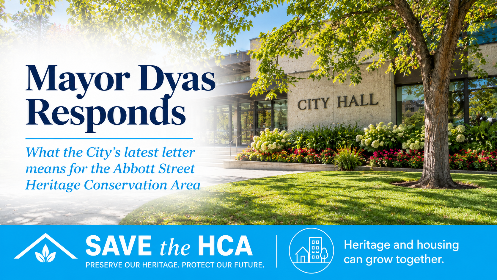Kelowna City Hall with the headline “Mayor Dyas Responds,” highlighting the City's October 2026 response regarding Transit-Oriented Area zoning and heritage protections in the Abbott Street Heritage Conservation Area.